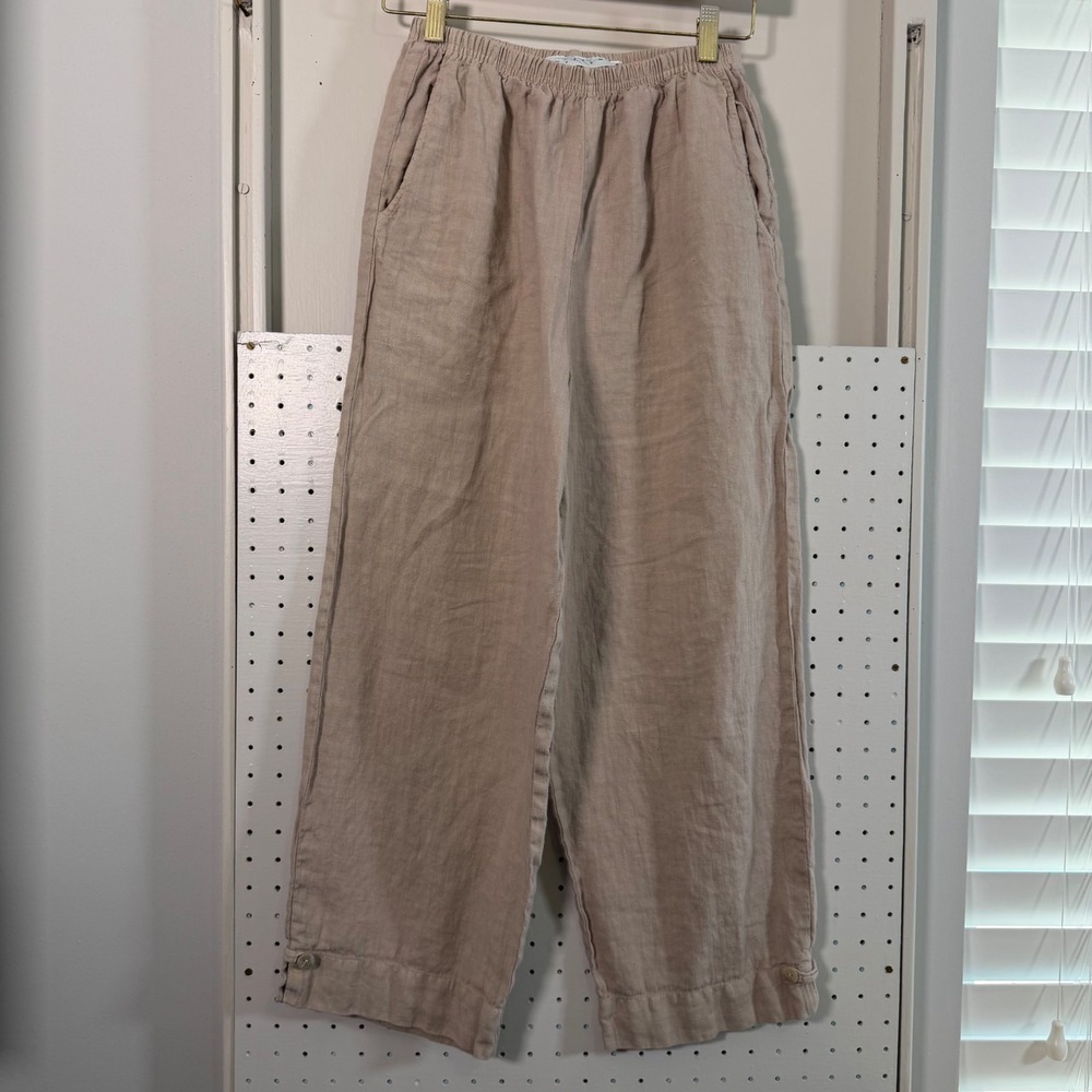 Vintage Willow Linen Pants Women's Beige High Rise Elastic Waist Pockets - Small